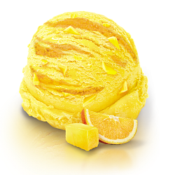 “LOVENTA” mango dessert with orange filling and mango pieces